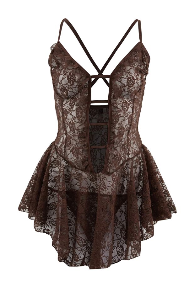 Kahverengi Pencere/Cut Out Detaylı Külotlu Dantelli Babydoll/Fantezi Gecelik THMSS25CY00004 - 3