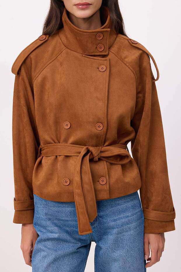 Camel Regular Dik Yaka Kemerli Kısa Süet Trençkot TWOSS26TR00009 - 3