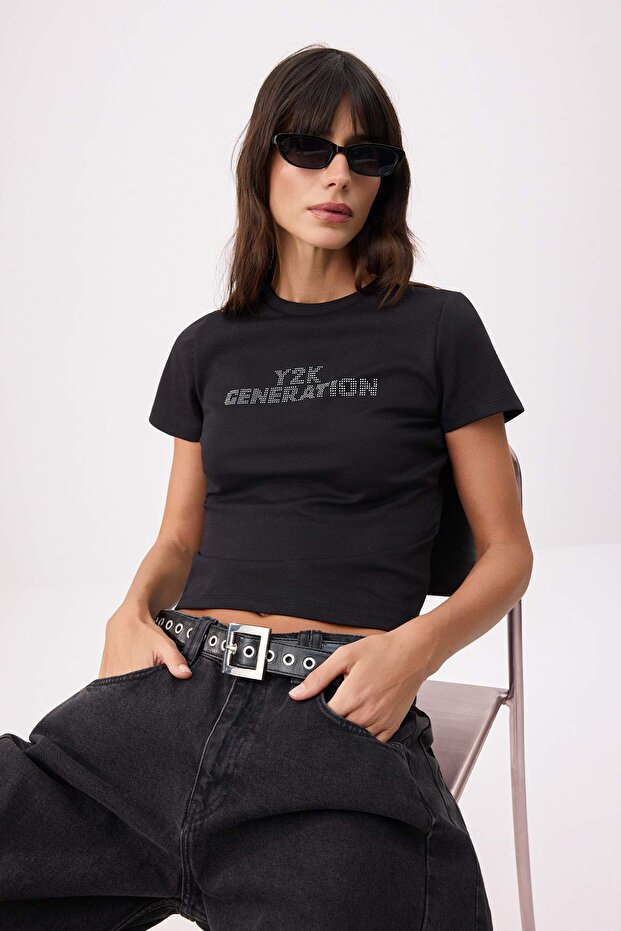 Siyah Slogan Fitted/Vücuda Oturan Kısa Kollu Pamuk Ribana Örme T-Shirt TWOSS26TS00129 - 1