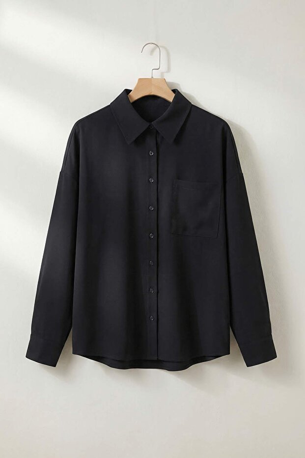 Siyah Oversize Rahat Kalıp Cepli Gömlek TDRSS26GO00037 - 5
