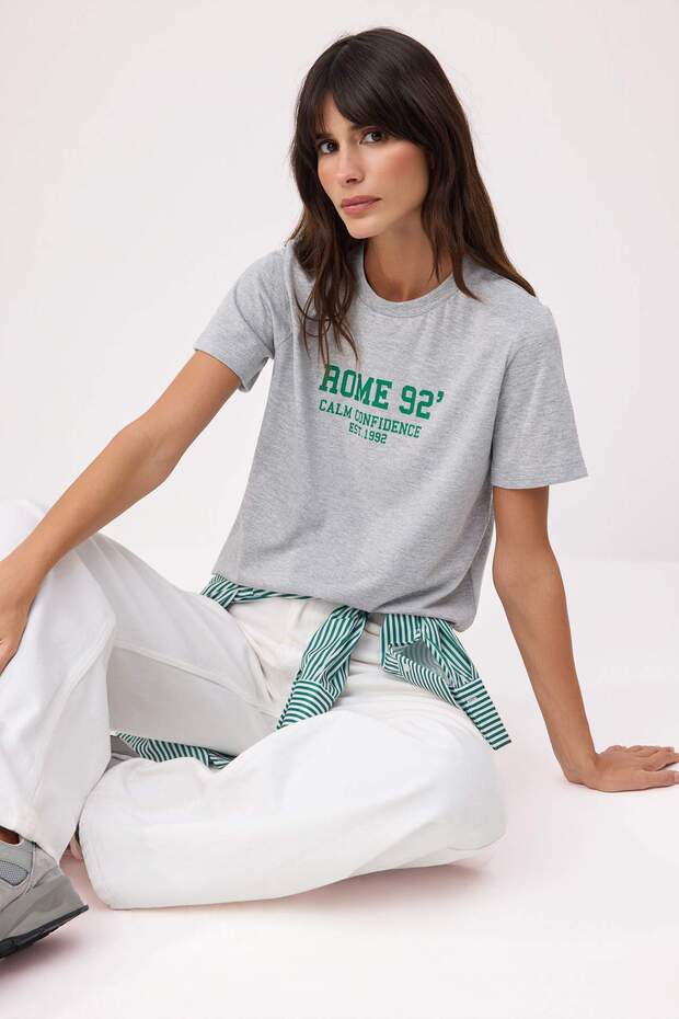 Gri Melanj Slogan Regular/Normal Kalıp Kısa Kollu Pamuklu Örme T-Shirt TWOSS26TS00161