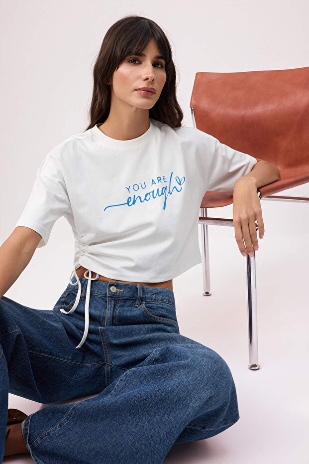 Ecru Slogan Boxy Low Sleeve Short Sleeve 100% Cotton Knitted T-Shirt Twoss26Ts00189