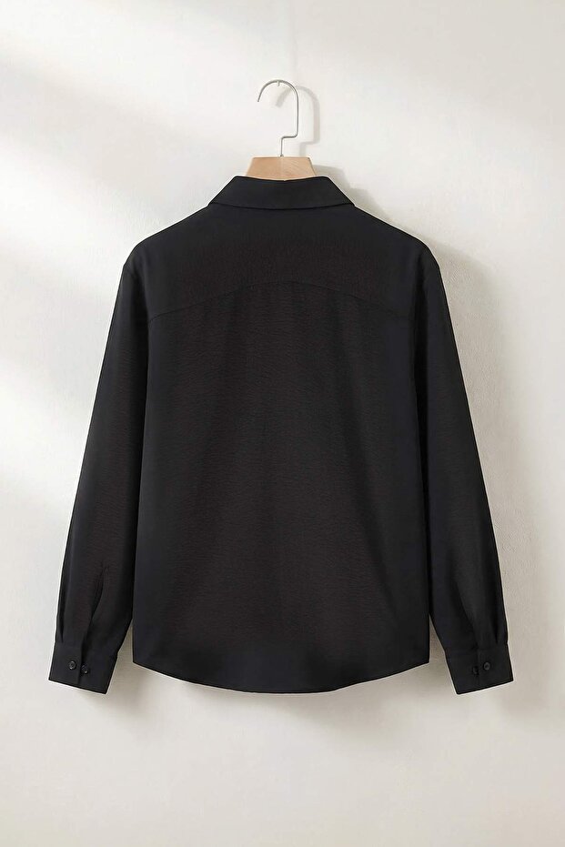 Siyah Normal Kalıp/Regular Fit Dokulu Yazlık Erkek Dokuma Gömlek TMNSS26GO00028 - 6