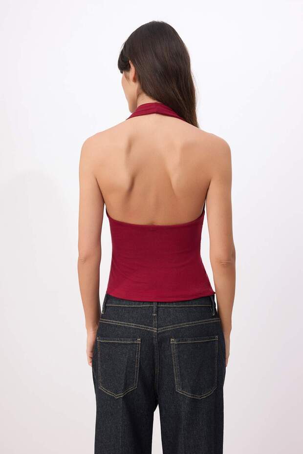 Bordo Fitted/Vücuda Oturan Boyundan Bağlamalı Kolsuz Yumuşak Örme Bluz TWOSS26BZ00625 - 8