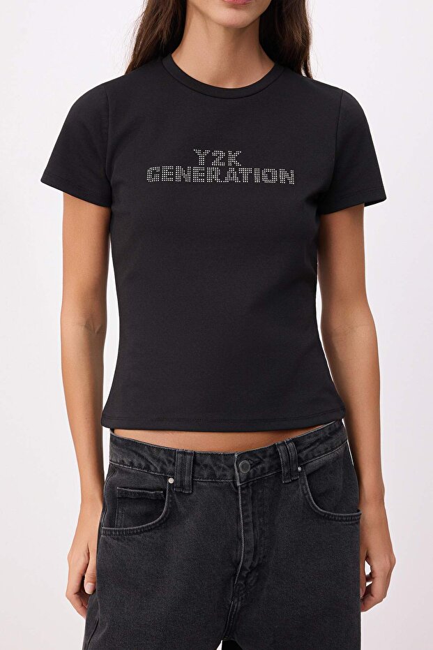 Siyah Slogan Fitted/Vücuda Oturan Kısa Kollu Pamuk Ribana Örme T-Shirt TWOSS26TS00129 - 3