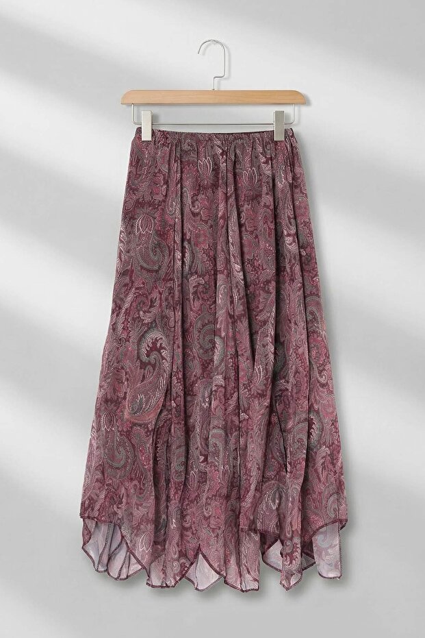 Bordo Asimetrik Şal Desen Şifon Etek TDRSS26ET00040 - 10