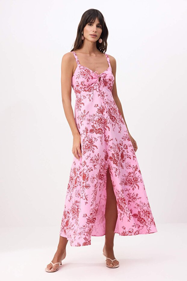 Pembe %100 Pamuk Çiçekli A-Kesim/Çan Form Maxi Dokuma Elbise TWOSS26EL00664