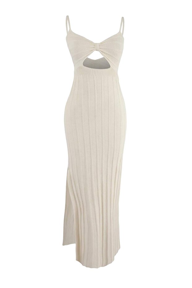 Ekru Triko Ajurlu Maxi Cut Out Detaylı Plaj Elbise TBESS26EL00043 - 4