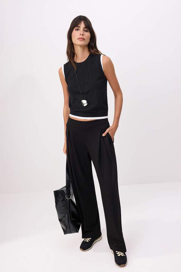 Siyah Wide Leg/Geniş Paça Büzgülü Normal Bel Soft Touch Örme Pantolon TWOSS26PL00139 - 3