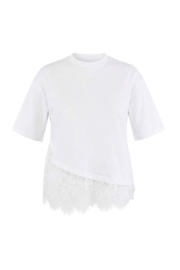 Ekru Etek Ucu Dantel Detaylı Büyük Beden T-shirt TBBSS26BF00047 - 7
