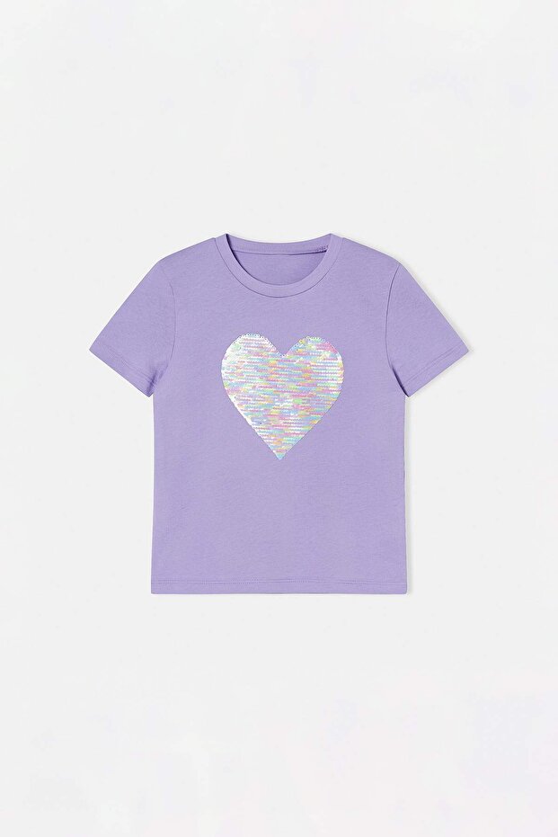 Lila-Sarı Düz Payetli Örme T-Shirt TKDSS26TS00013 - 7