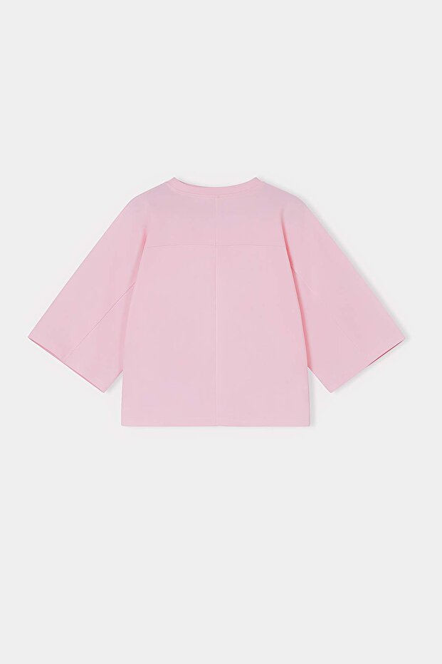 Wardrobe Essentials-Pembe Geniş Kalıp Yarasa Kol %100 Pamuk Örme T-Shirt TWOSS26TS00047 - 7