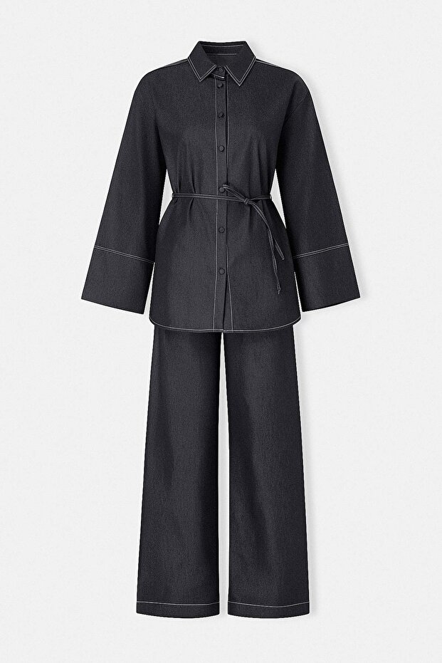 Lacivert Denim Baharlık Beli İpli Gömlek Yaka Rahat Takım TDRSS26AU00016 - 5