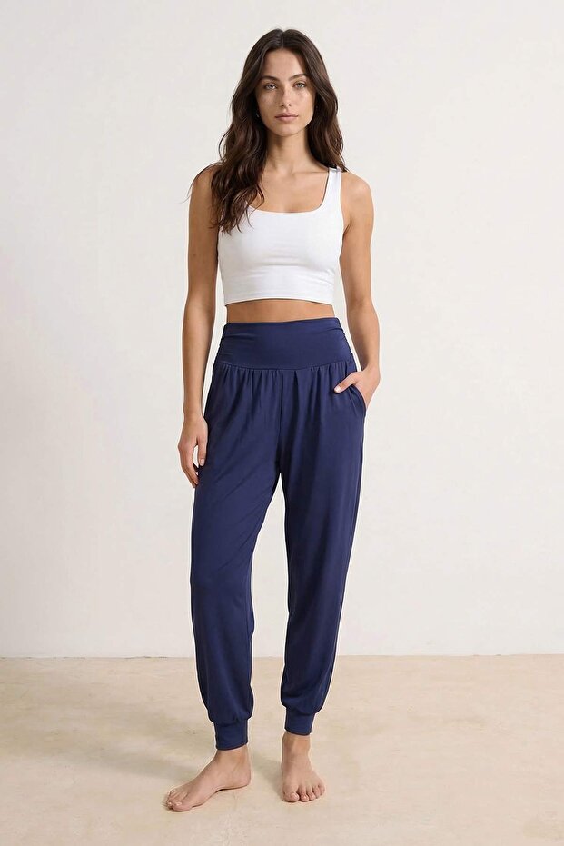 Lacivert Dalgıç/Scuba Kumaş Spor Örme Yoga Pantolonu/Eşofman Altı THMSS26EA00008 - 3