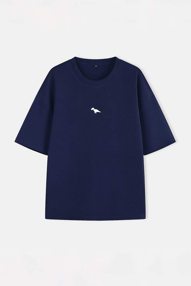 Büyük Beden Lacivert Oversize/Geniş Kesim %100 Pamuklu Dinozor Nakışlı T-Shirt TMNSS24BF00013 - 1