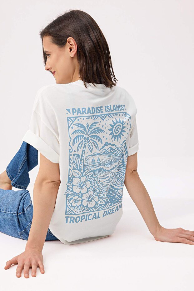 Trendyolmilla  Ekru Baskılı Oversize/Geniş Kalıp Düşük Kol Kısa Kollu Tok %100 Pamuk Örme T-Shirt TWOSS26TS00160 - Görsel 2