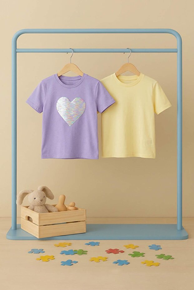 Lila-Sarı Düz Payetli Örme T-Shirt TKDSS26TS00013 - 6
