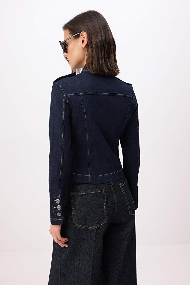 Koyu Mavi Düğme Detaylı Napolyon Denim Ceket TWOSS26CE00049 - 4