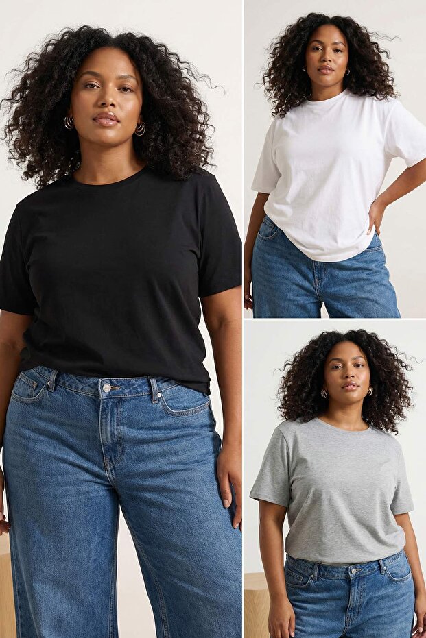 Beyaz-Gri-Lacivert 3'lü Paket Büyük Beden T-shirt TBBSS25BF00071 - 1