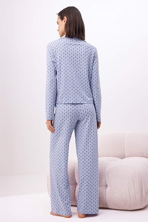 Açık Mavi 3'lü Pamuklu Likralı Bağlamalı Kurdele Desenli Örme Pijama Takımı THMSS26PT00064 - 4