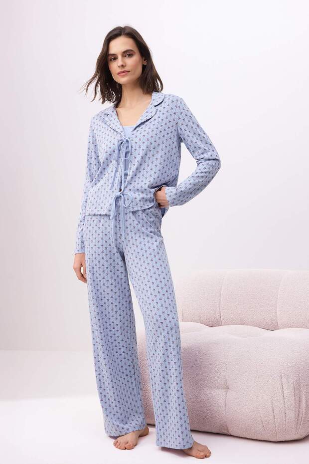Trendyolmilla  Açık Mavi 3'lü Pamuklu Likralı Bağlamalı Kurdele Desenli Örme Pijama Takımı THMSS26PT00064 - Görsel 2