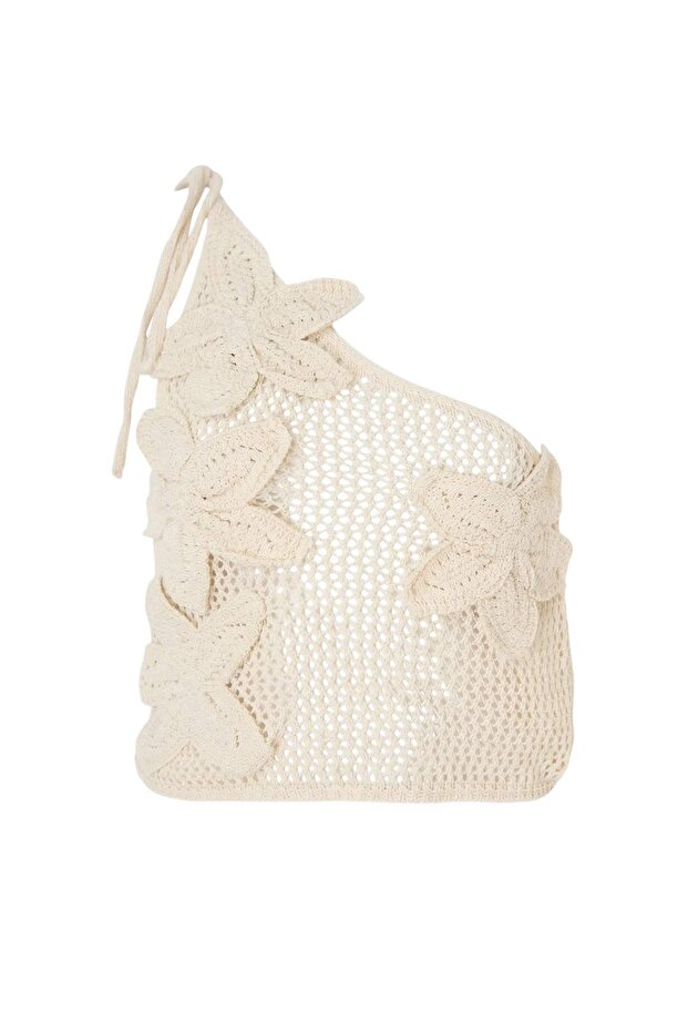 Ekru Triko Çiçek Aplikeli Plaj Crop Bluz TBESS26BZ00016 - 7
