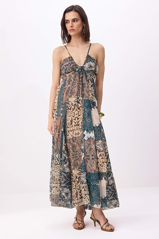 Çok Renkli Patchwork A-Kesim/Çan Form Maxi Dokuma Şifon Elbise TWOSS26EL00761 - 2