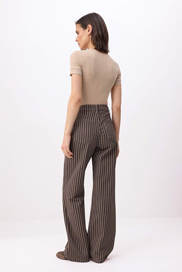 Kahverengi Çizgili Yüksek Bel %100 Pamuk Wide Leg Jeans TWOSS26JE00305 - 4