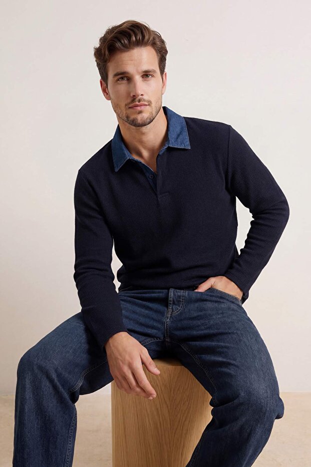 Lacivert Regular/Normal Kesim Dokulu Denim Yaka Detaylı Polo Yaka T-shirt TMNSS26PO00001 - 1