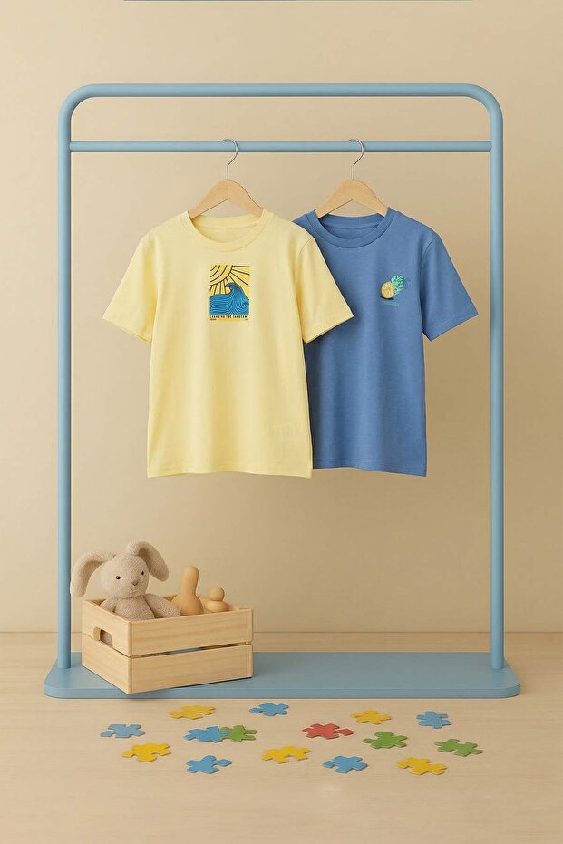 Sarı-Indigo 2'li Erkek Çocuk Baskılı Örme T-Shirt TKDSS26TS00050 - 8