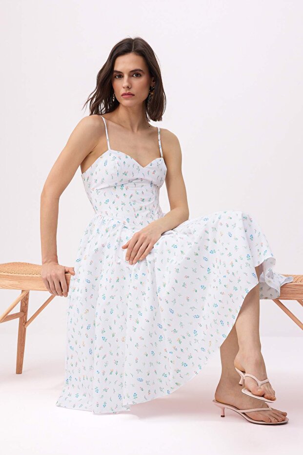 Çok Renkli Çıtır Çiçekli Midi Korse Detaylı Dokuma Elbise TWOSS26EL00191 - 1