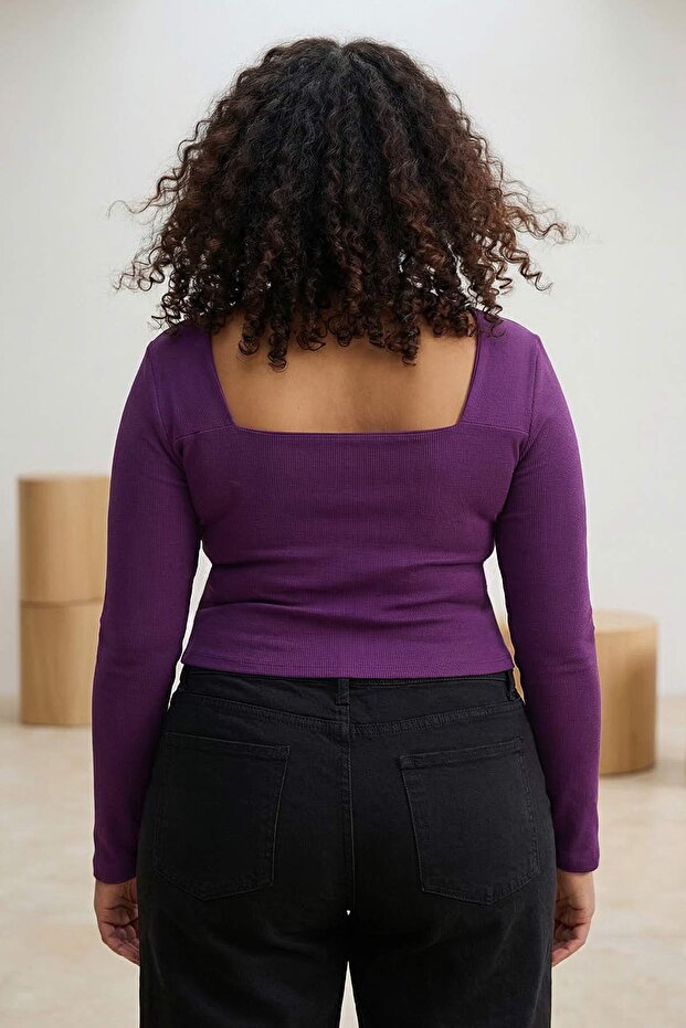 Mor Fitilli Biye Detaylı Örme Büyük Beden Bluz TBBAW23AF00118 - 3