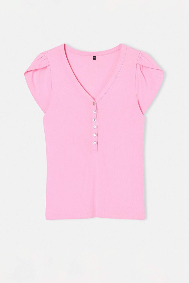 Pembe V Yaka Düğmeli Kaşkorse Örme Büyük Beden Bluz TBBSS26AF00123 - 4