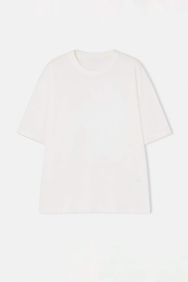 Büyük Beden Ekru Oversize/Geniş Kesim %100 Pamuklu T-Shirt TMNSS25BF00009 - 2