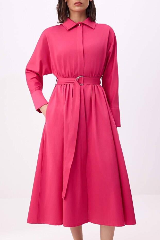 Bordo Kuşaklı Midi Dokuma Elbise TWOAW26EL00338 - 3