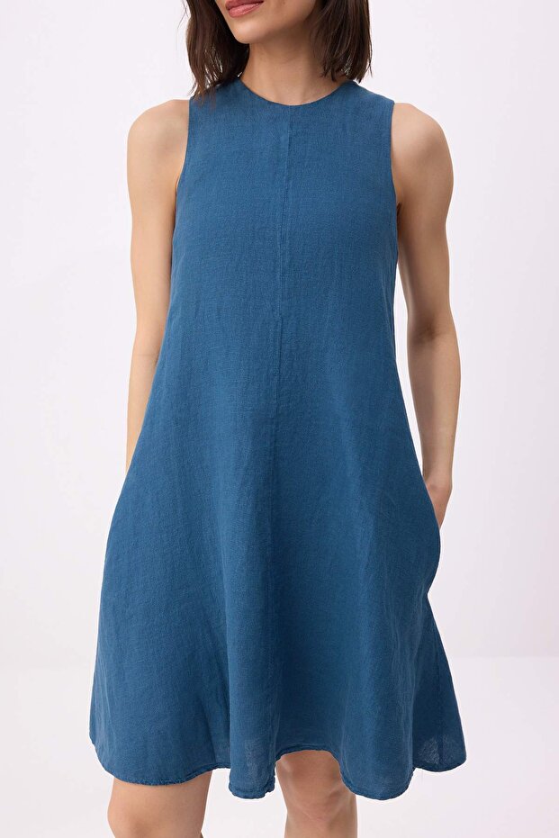 Indigo %100 Keten Mini Cepli Dokuma Elbise TWOSS26EL00763 - 3