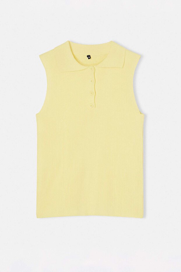 Sarı Polo Yaka Fitilli İnce Yazlık Triko Bluz TBBSS26AF00038 - 4
