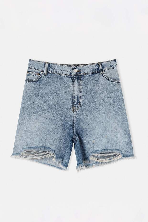 Mavi Yırtıklı Lastikli Yüksek Bel Mini %100 Pamuk Non-Stretch Büyük Beden Denim Şort TBBSS26AP00024 - 4