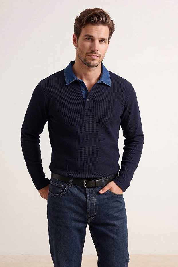 Lacivert Regular/Normal Kesim Dokulu Denim Yaka Detaylı Polo Yaka T-shirt TMNSS26PO00001 - 2
