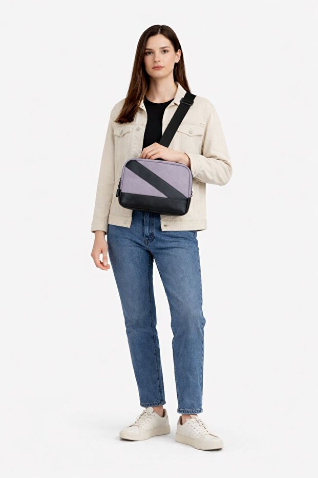 Unisex Crossbody Mini Bag with Adjustable Strap, Side Bag with Leather Detail, Shoulder Bag - Gray