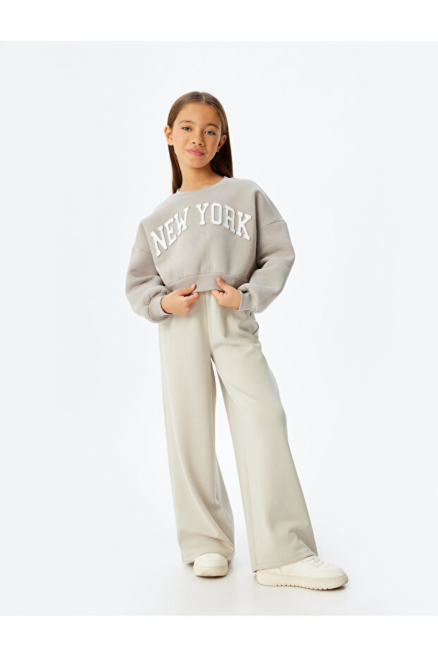 Crop Sweatshirt Oversize Slogan Printed Crew Neck Ribbed Cotton Blend