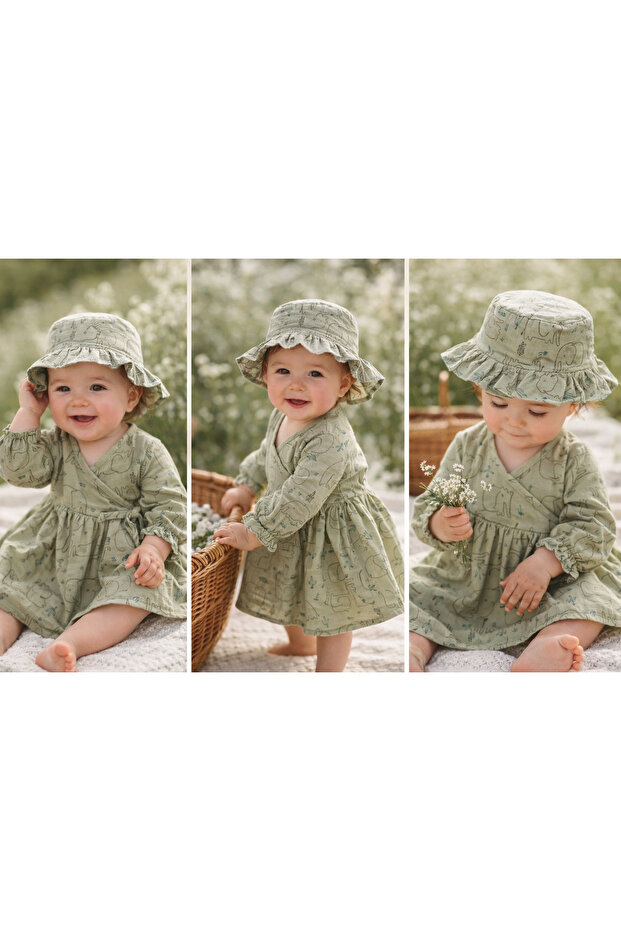 Minicorn Animal Patterned Cotton Dress and Hat Set for Girls