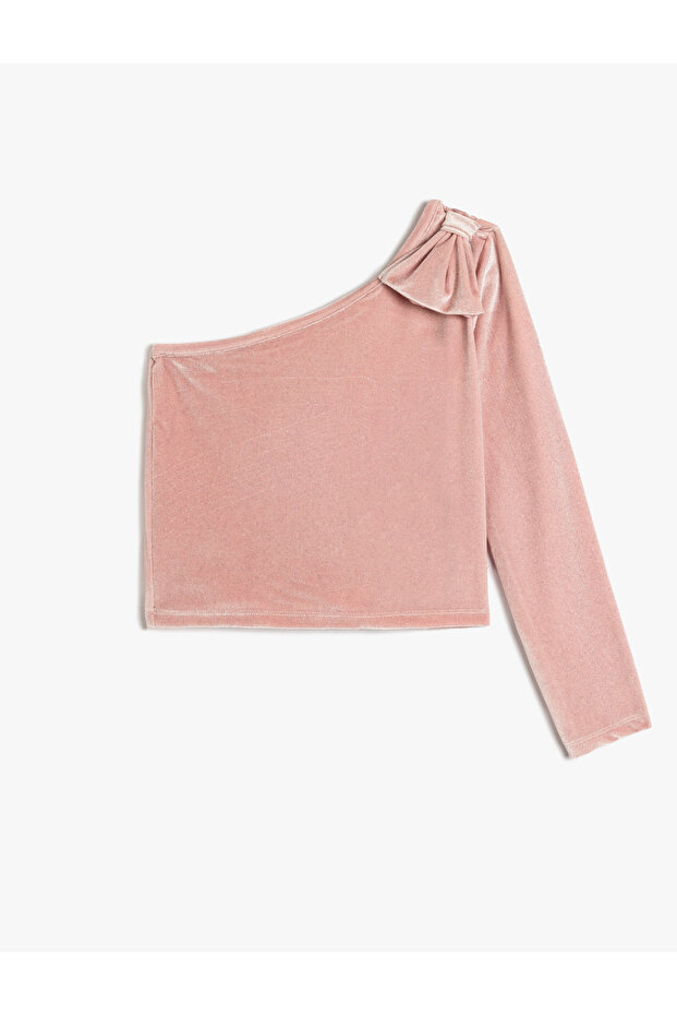 Bow Detailed One Shoulder Long Sleeve Velvet Blouse