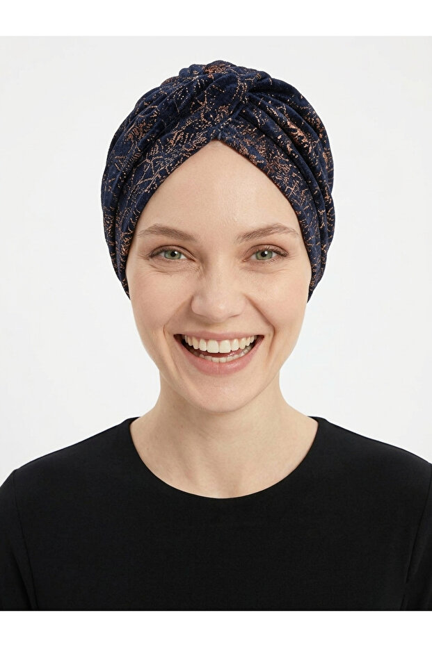 Cross Patterned Fukuro Lined Navy Blue Ready-To-Wear Turban Hijab Bonnet Suitable for Medical Use