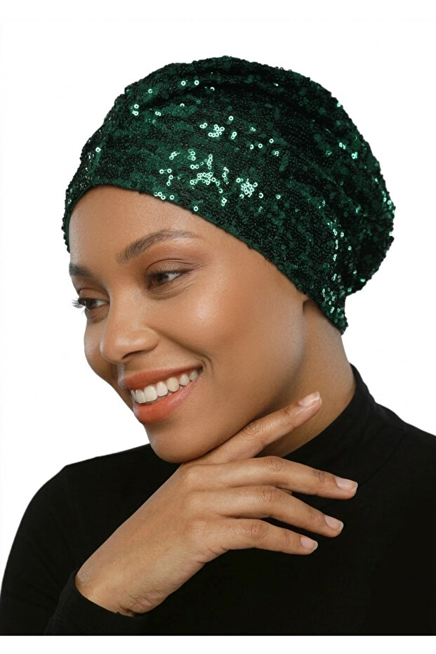 Sequined Lined Green Ready-Made Turban Hijab Evening Dress Bonnet