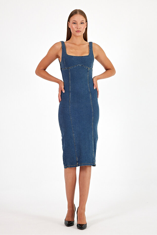 Back Slit Zippered Thick Straps Jeans Dress Denim Dress