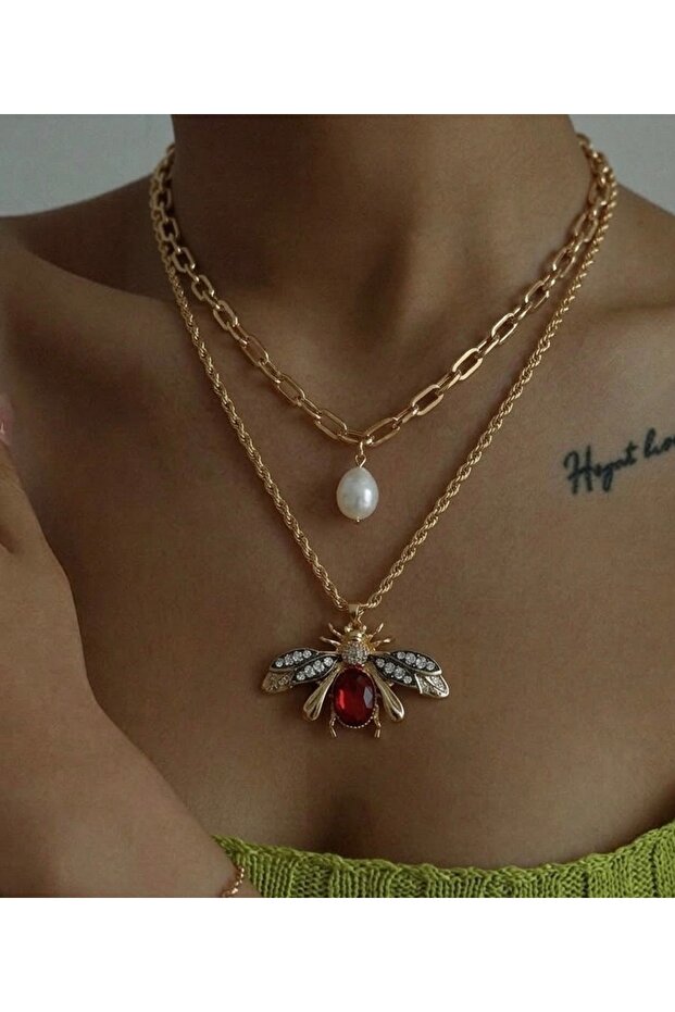 Pearl and Red Stone Bee Necklace 55 cm and 40 cm