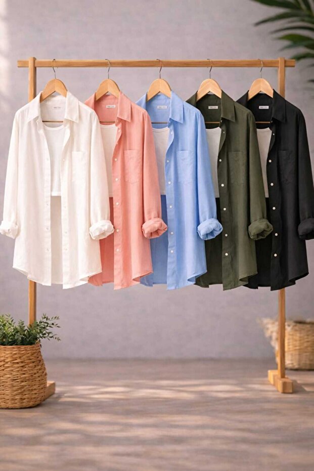 Women's 5-Pack White Yavruağzı Blue Khaki Black Cotton Pcs Oversized Cotton Pcs Linen Single Pocketed Casual Shirts