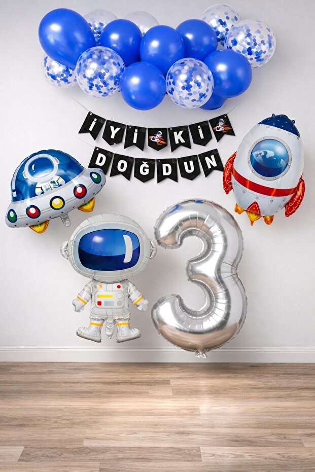 Space Concept 3 Year Old Birthday Party Celebration Set; Astronaut, UFO and Spaceship Foil Balloon Set