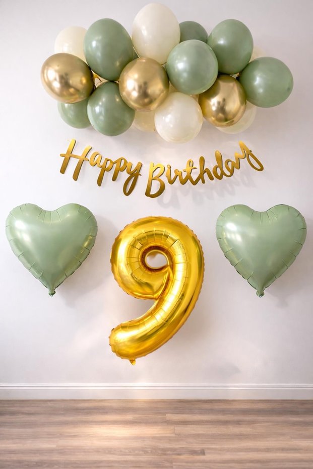 Adaçayı Concept 9Th Birthday Set; Mold Green-Chrome Gold-Sea Sand and Sage Heart Foil Balloon